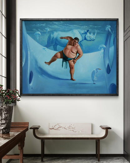 Oil painting of white rhinoceros by Oleg Kateryniuk, sumo wrestler underwater