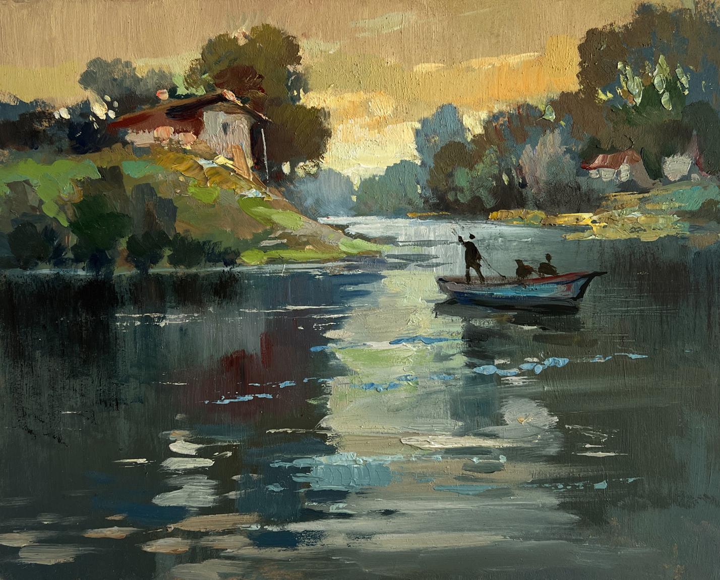 Oil painting of rowboat with lovers reflecting sunset by Yuriy Suprunchuk