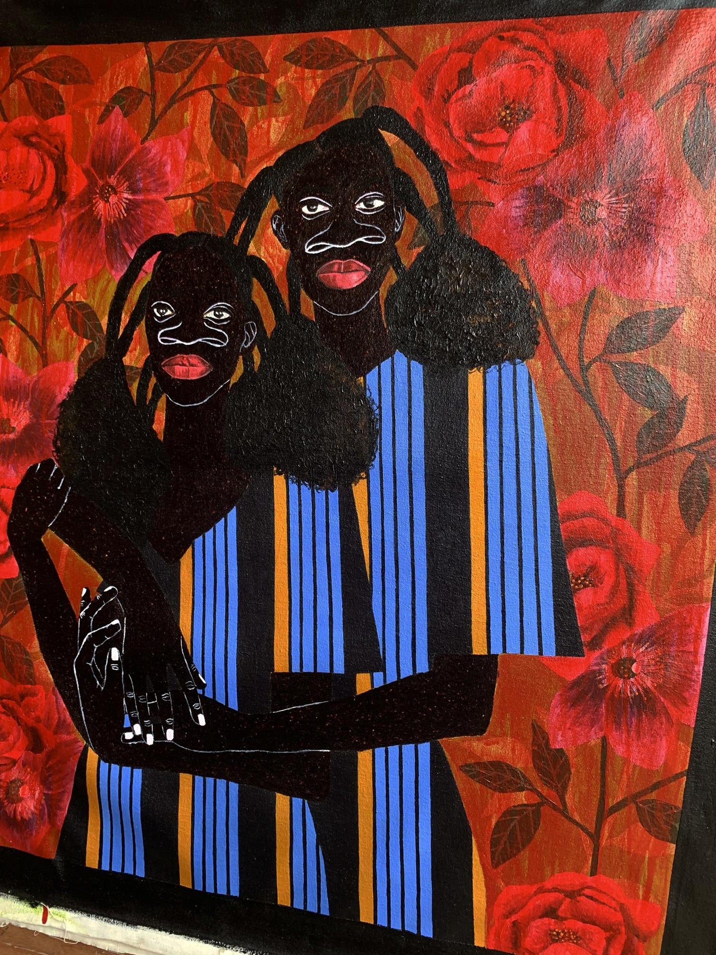 Vibrant acrylic painting We Hold Each Other by Akintomide Akinshola with black figures, stripes, red roses
