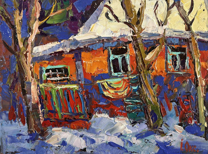 Vibrant impressionist oil painting of snowy house by Oksana Ivanyuk