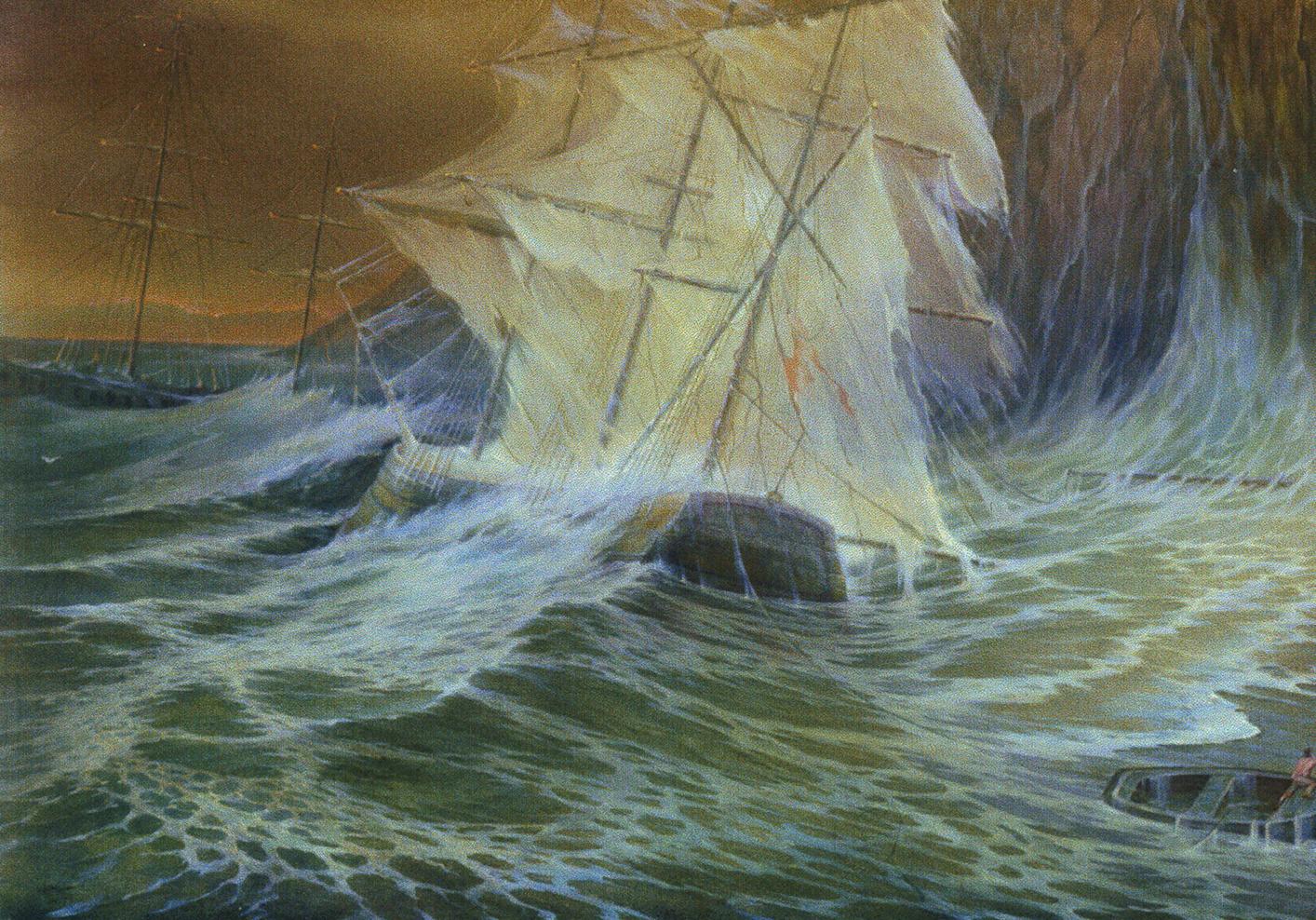 Oil painting by Vasily Korkishko: ship battling stormy sea