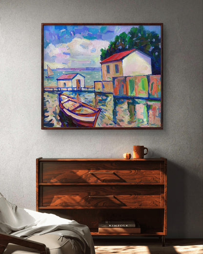 Vibrant impressionist oil painting by Peter Dobrev: coastal landscape with colorful houses and boats