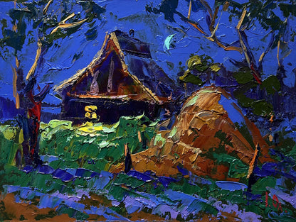 Oil painting of cozy moonlit night by Oleksiy Ivanyuk dark wooden house