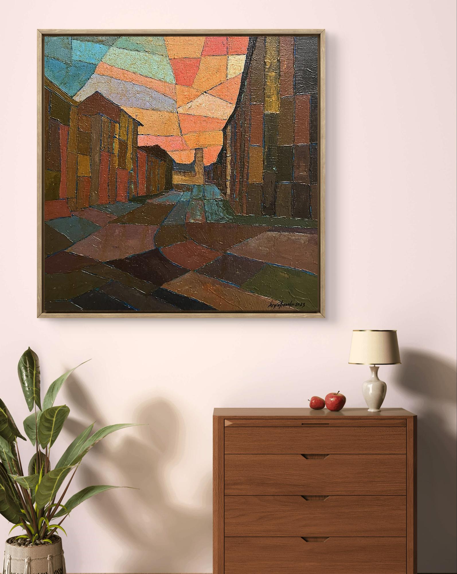 Oil painting City Center by Serhiy Kovalev vibrant geometric street scene