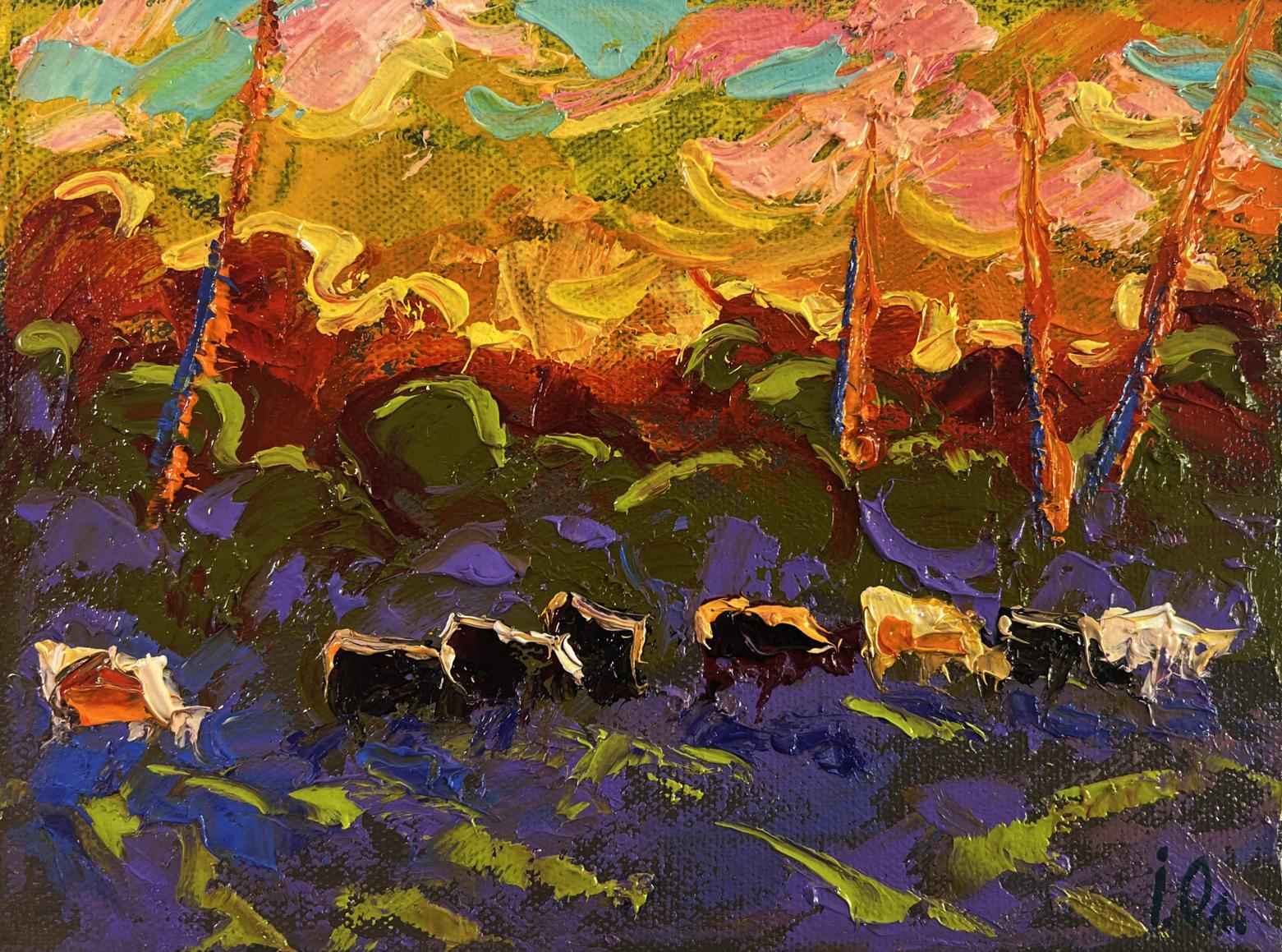 Vibrant impressionist oil painting of cows in Oleksiy Ivanyuk evening sky landscape