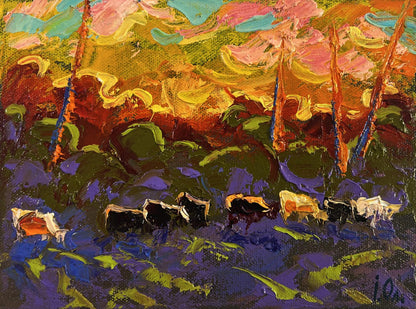 Vibrant impressionist oil painting of cows in Oleksiy Ivanyuk evening sky landscape