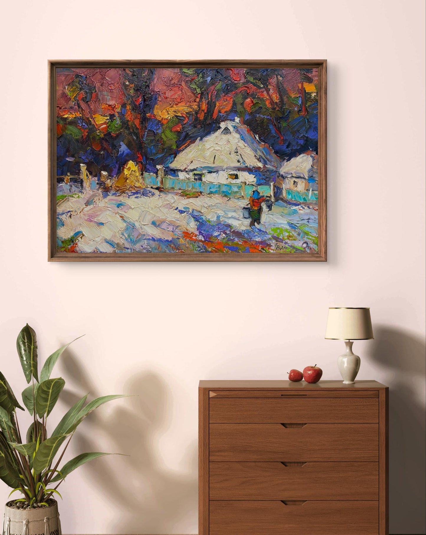 Oil painting Frosty Evening by Oleksiy Ivanyuk snowy village scene