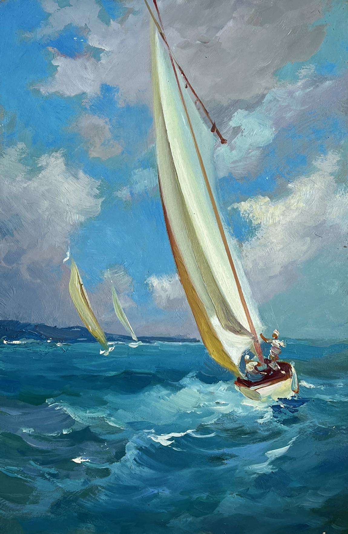 Oil painting of sailboat with gold-edged sails by Yuriy Suprunchuk