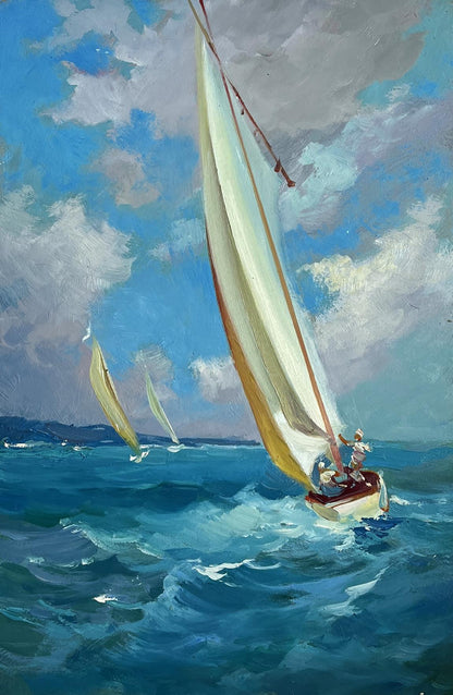 Oil painting of sailboat with gold-edged sails by Yuriy Suprunchuk