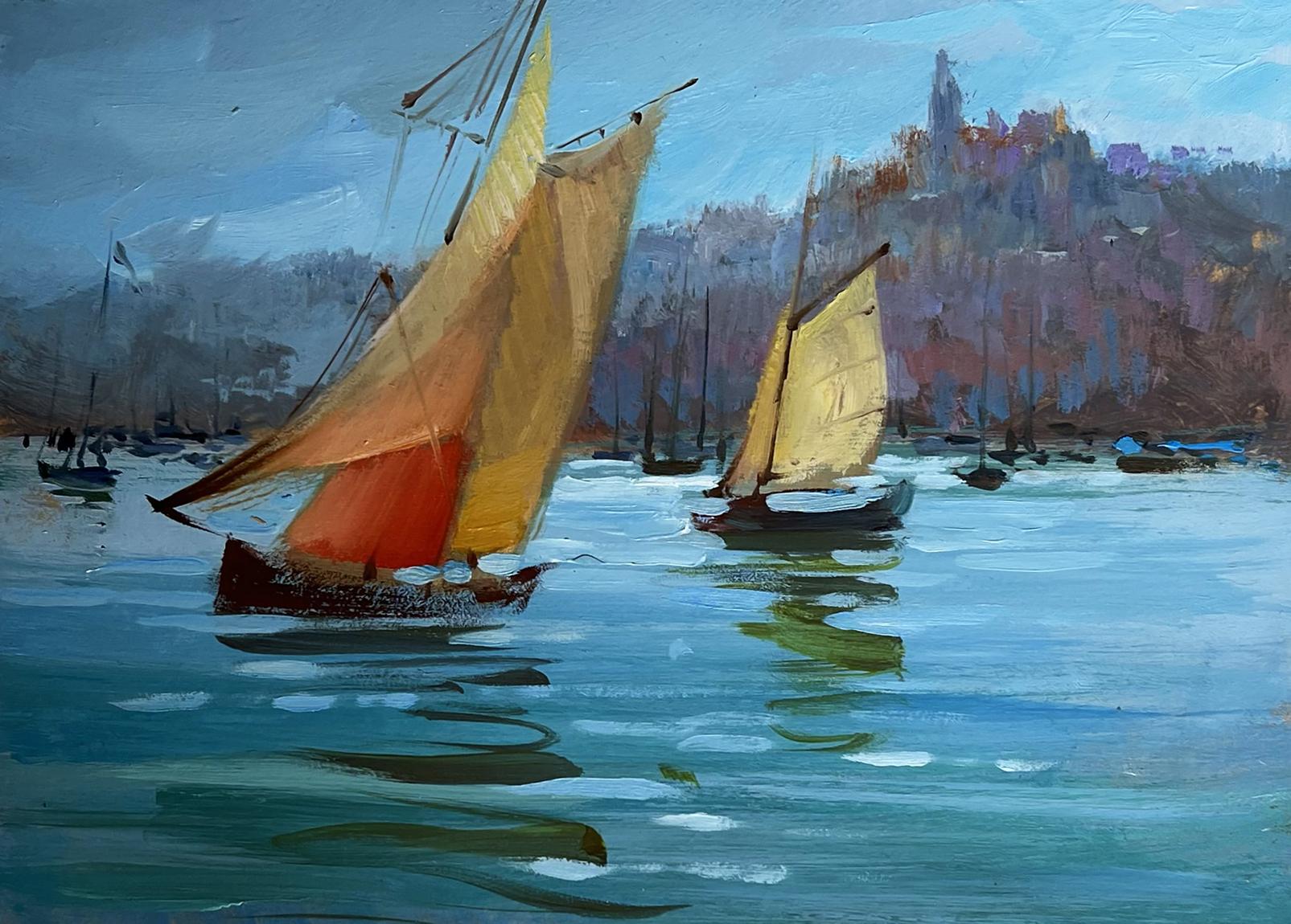 Vibrant impressionistic oil painting of sailboats by Yuriy Suprunchuk