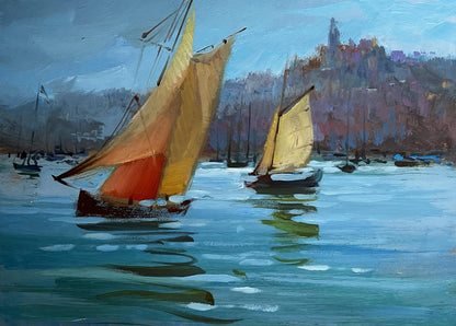 Vibrant impressionistic oil painting of sailboats by Yuriy Suprunchuk