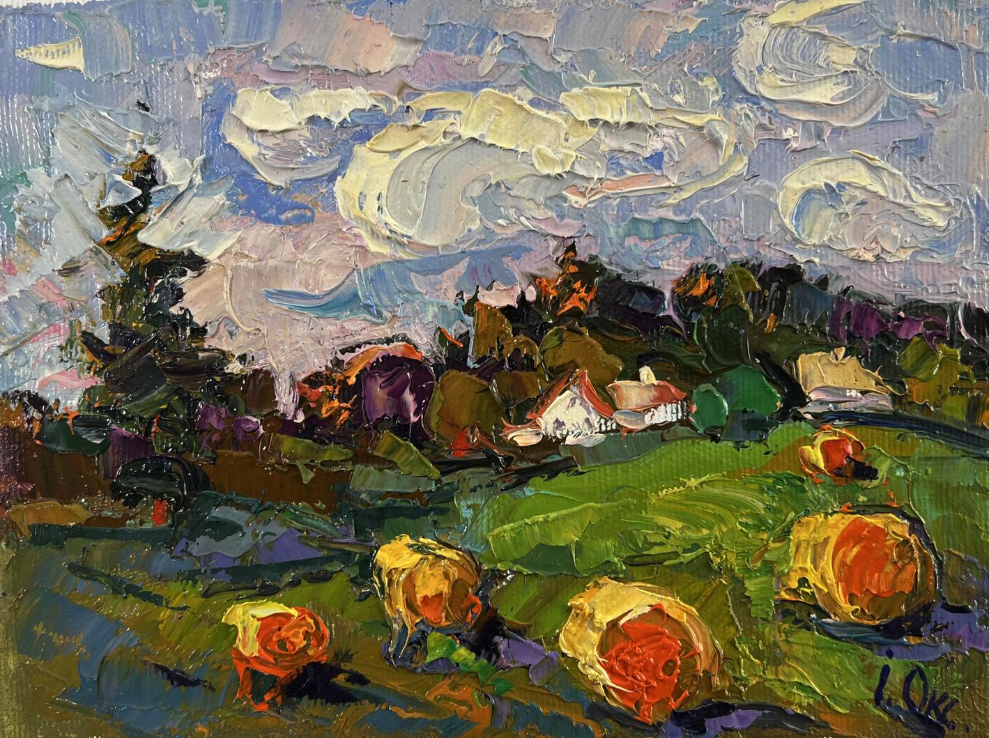 Vibrant impressionist oil painting Fresh hay of the village by Oksana Ivanyuk