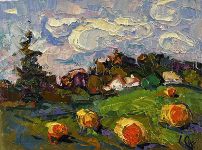 Vibrant impressionist oil painting Fresh hay of the village by Oksana Ivanyuk