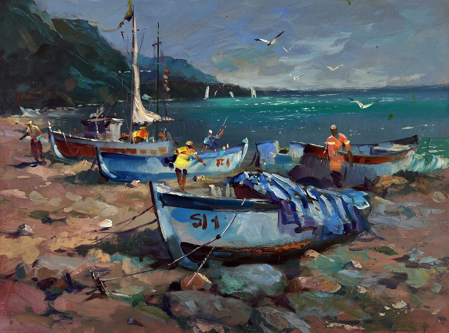 Oil painting by Yuri Suprunchuk: blue and white fishing boat on rocky shore