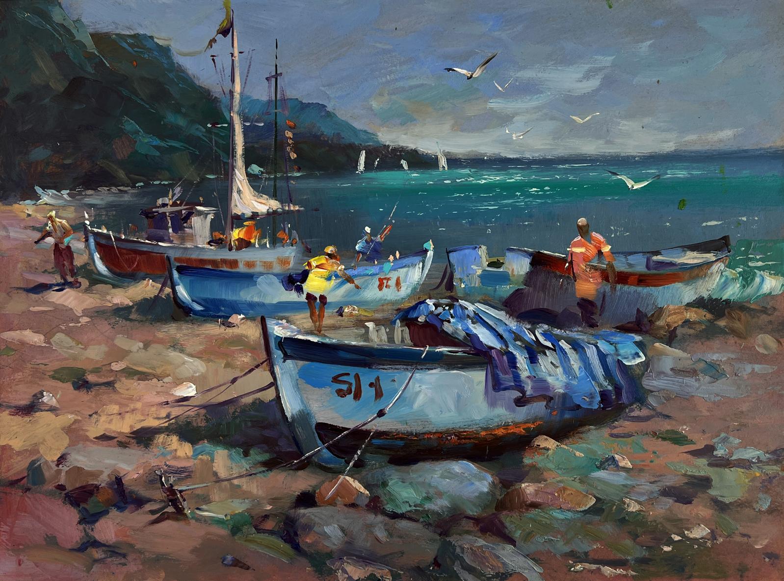 Oil painting by Yuri Suprunchuk: blue and white fishing boat on rocky shore