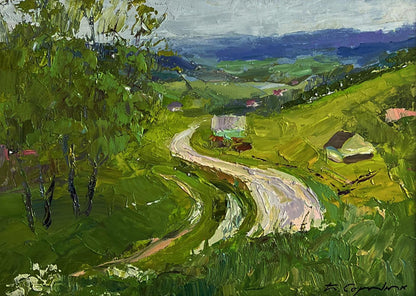 Vibrant impressionist oil painting by Boris Serdyuk: wavy road in lush green mountains