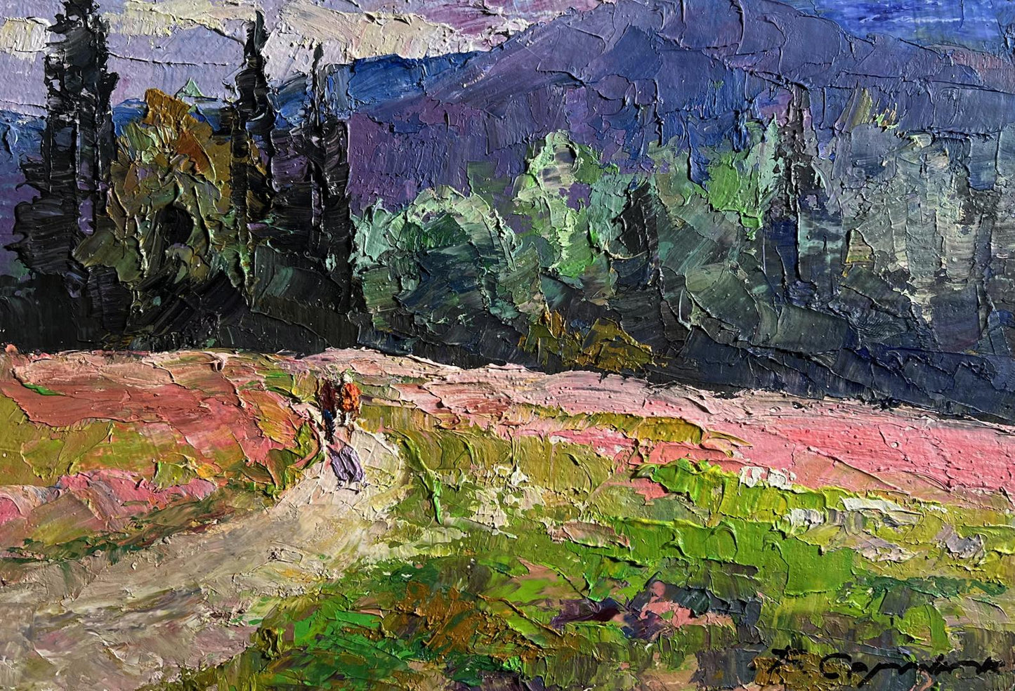 Oil painting Flowery mountain meadows by Boris Serdyuk, textured green pink purple landscape