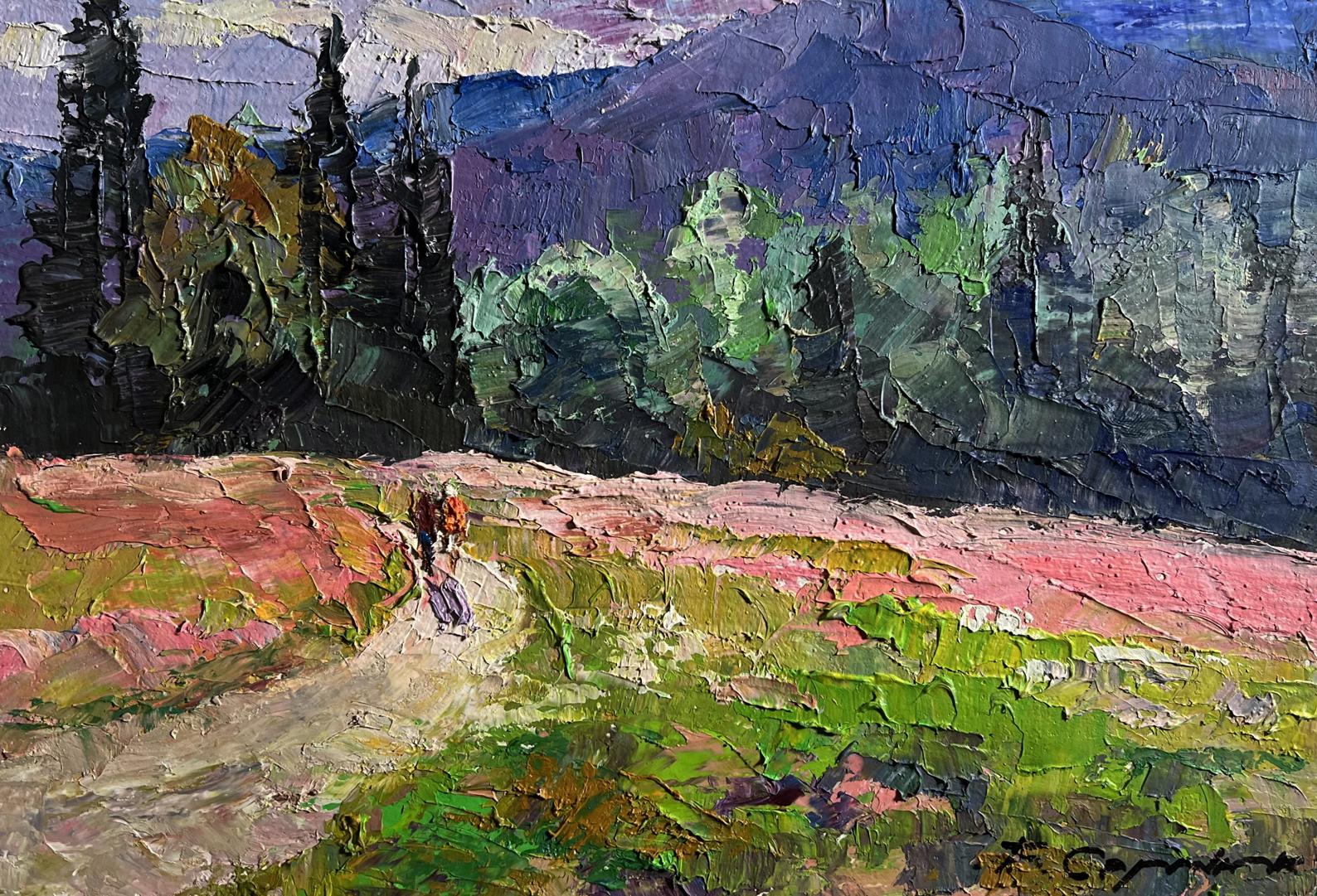 Oil painting Flowery mountain meadows by Boris Serdyuk, textured green pink purple landscape
