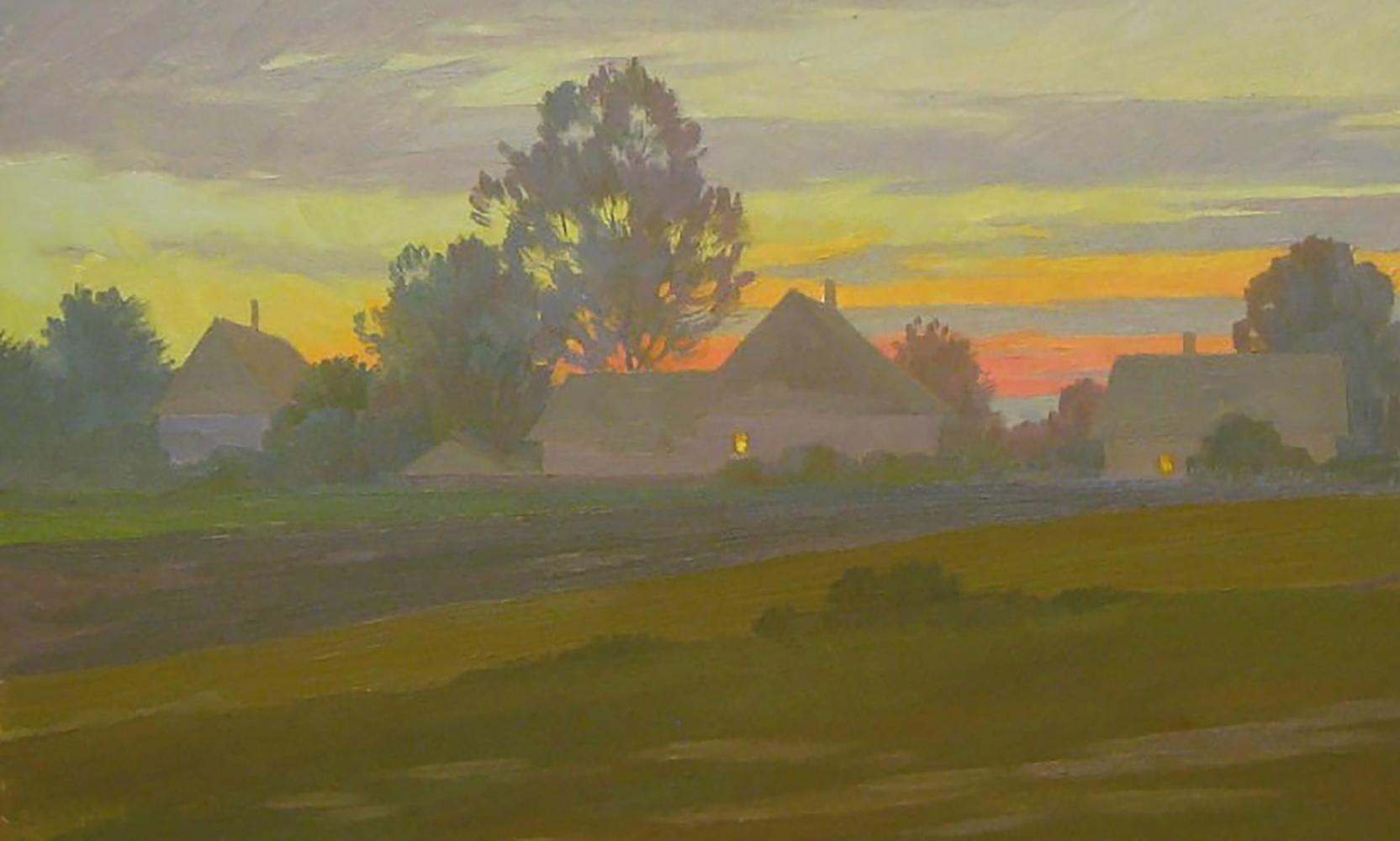Oil painting August evening by Valery Savenets serene sunset countryside scene