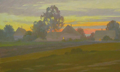 Oil painting August evening by Valery Savenets serene sunset countryside scene