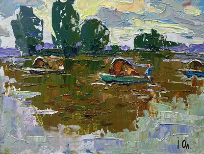 Impasto oil painting of hay transportation by boats on serene lake by Oleksiy Ivanyuk
