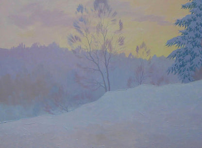 Oil painting Winter sleep in the forest by Valery Savenets, pastel snowy landscape