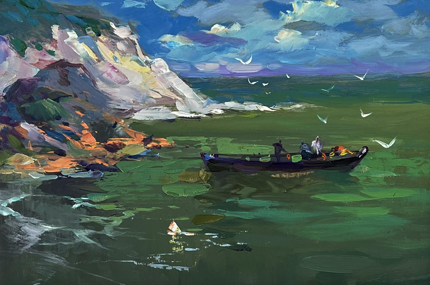 Oil painting by Yuriy Suprunchuk: rowboat with figures on greenish sea by colorful cliff