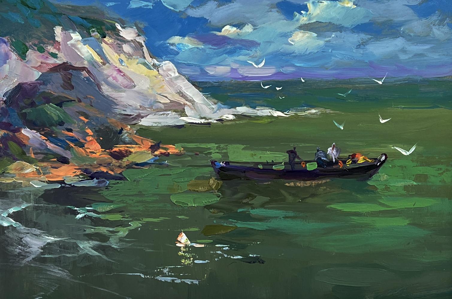 Oil painting by Yuriy Suprunchuk: rowboat with figures on greenish sea by colorful cliff