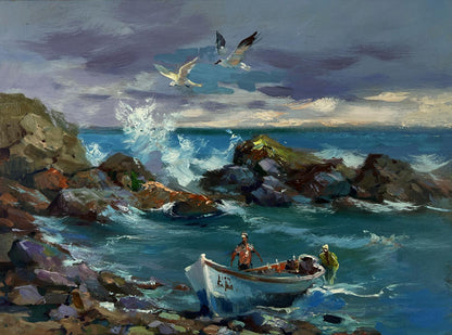 Oil painting of seagulls over sea with white boat on rocky shore by Yuriy Suprunchuk