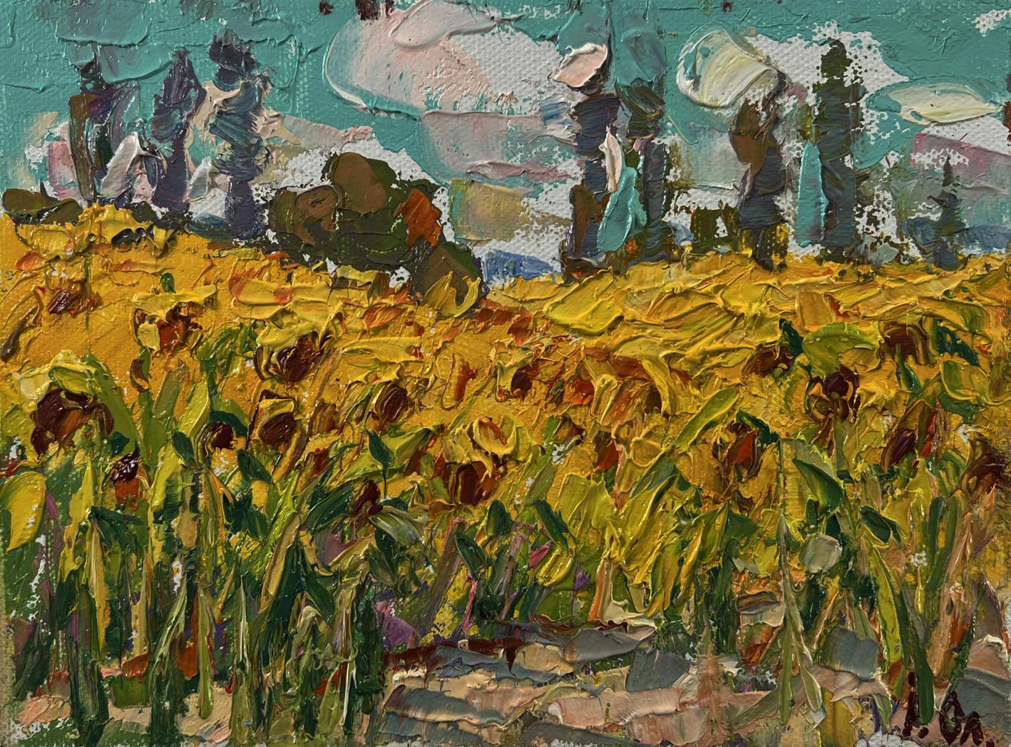 Vibrant yellow sunflower field oil painting by Oleksiy Ivanyuk
