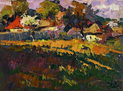 Vibrant impressionist oil painting by Oksana Ivanyuk: Warm touch of light rural landscape