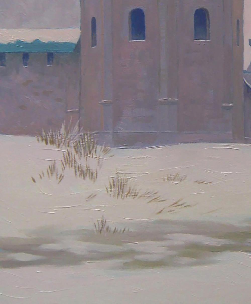 Oil painting of muted pink Winter Church tower by Valery Savenets