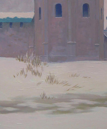 Oil painting of muted pink Winter Church tower by Valery Savenets