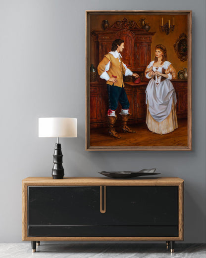 Oil painting Cardinal’s money by Valeriy Bulat with 17th-century couple