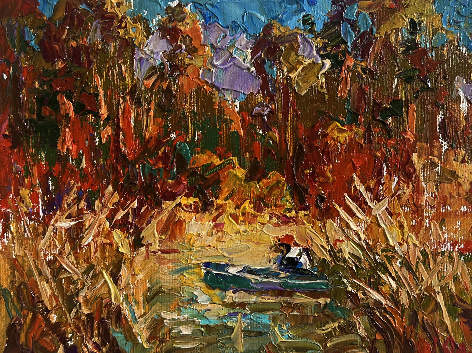Vibrant Oleksiy Ivanyuk oil painting of boat on outskirts lake in autumn hues