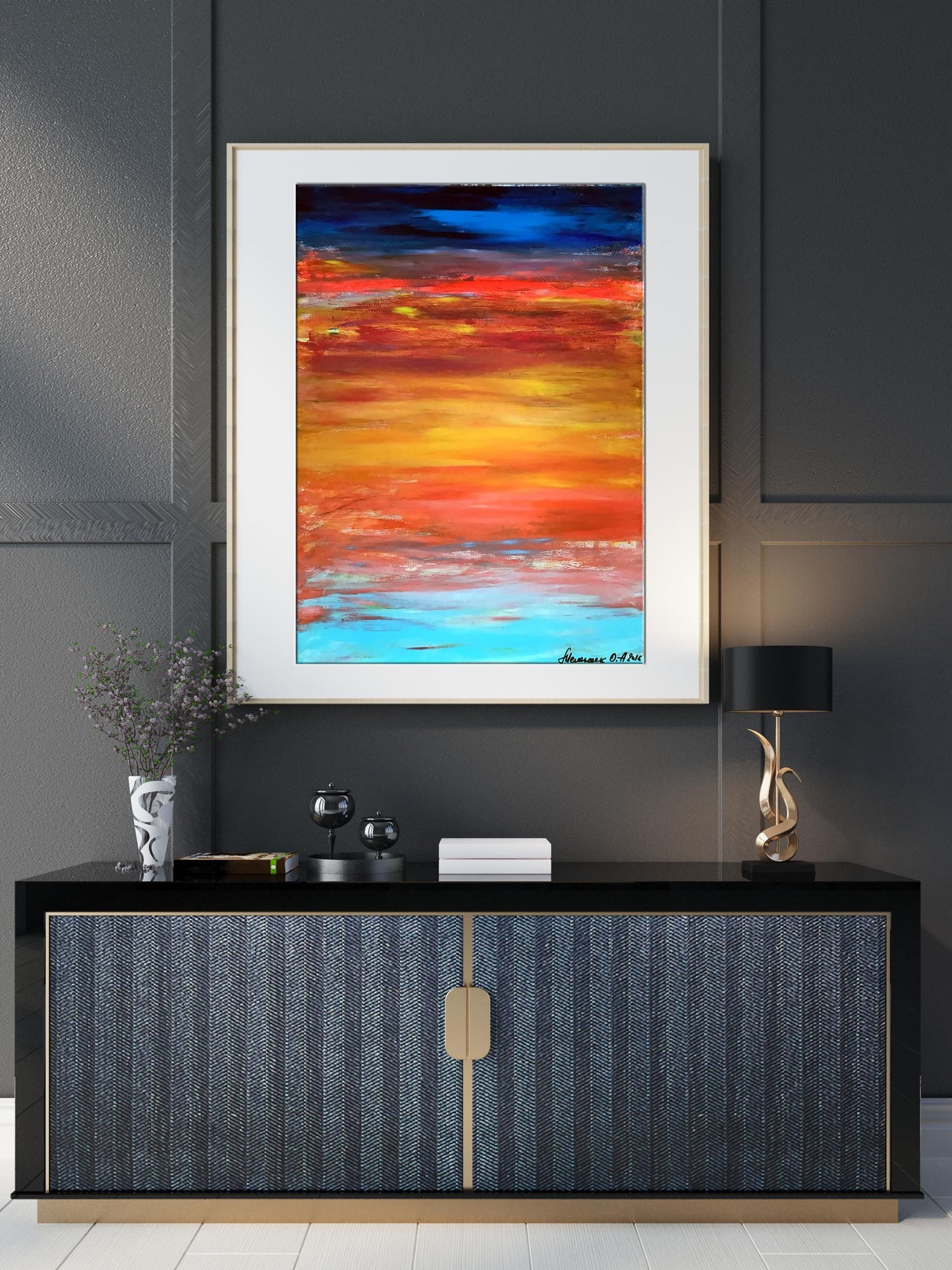 Vibrant Acrylic Window painting by Olga Melezhik in white frame