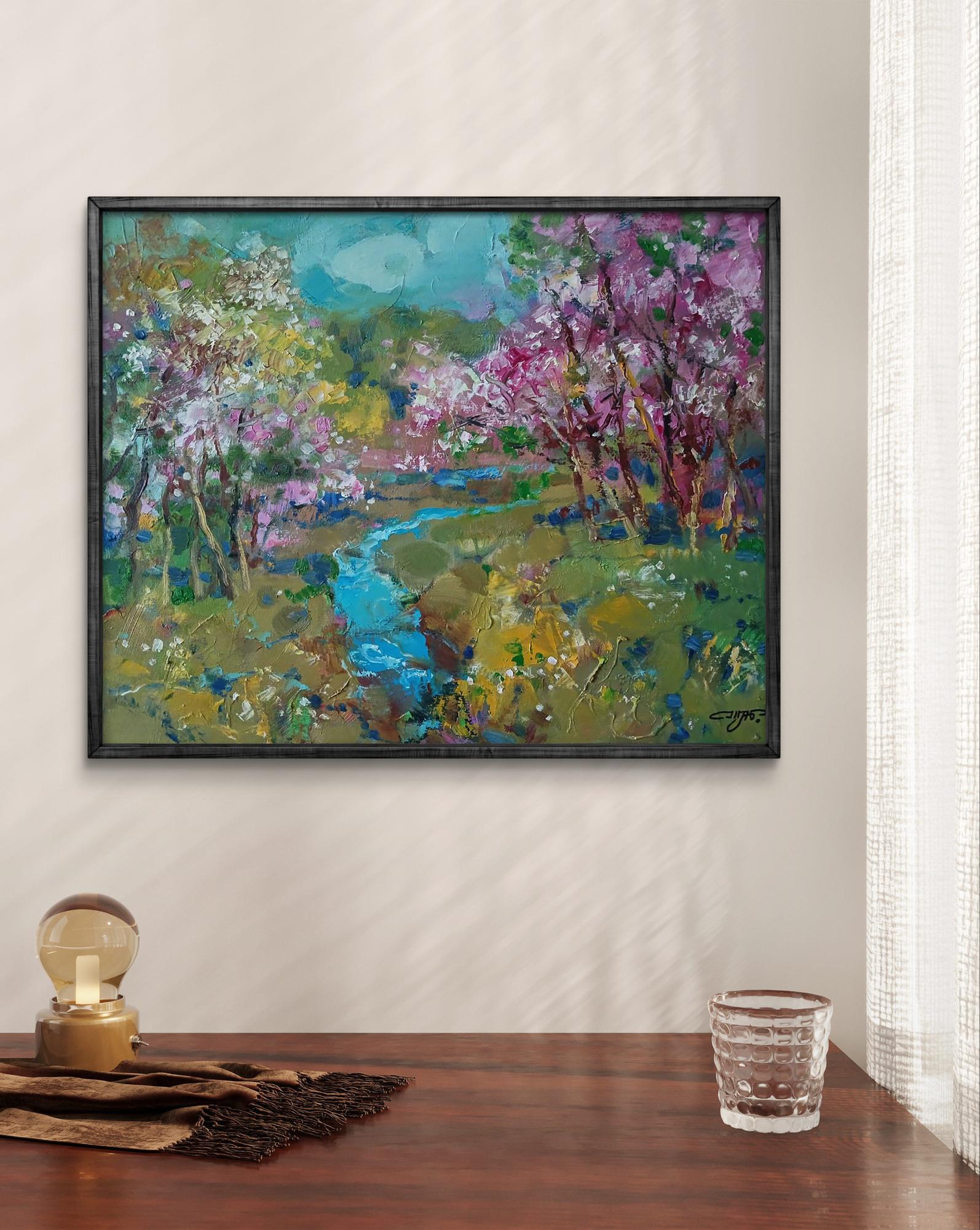 Abstract oil painting Spring stream in forest by Anatoly Tarabanov