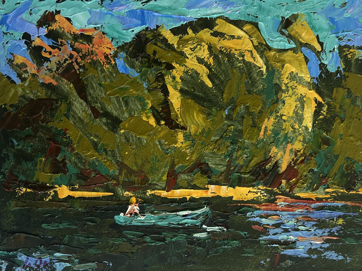 Vibrant impressionist oil painting by Oksana Ivanyuk: boat on holidays amid green hills