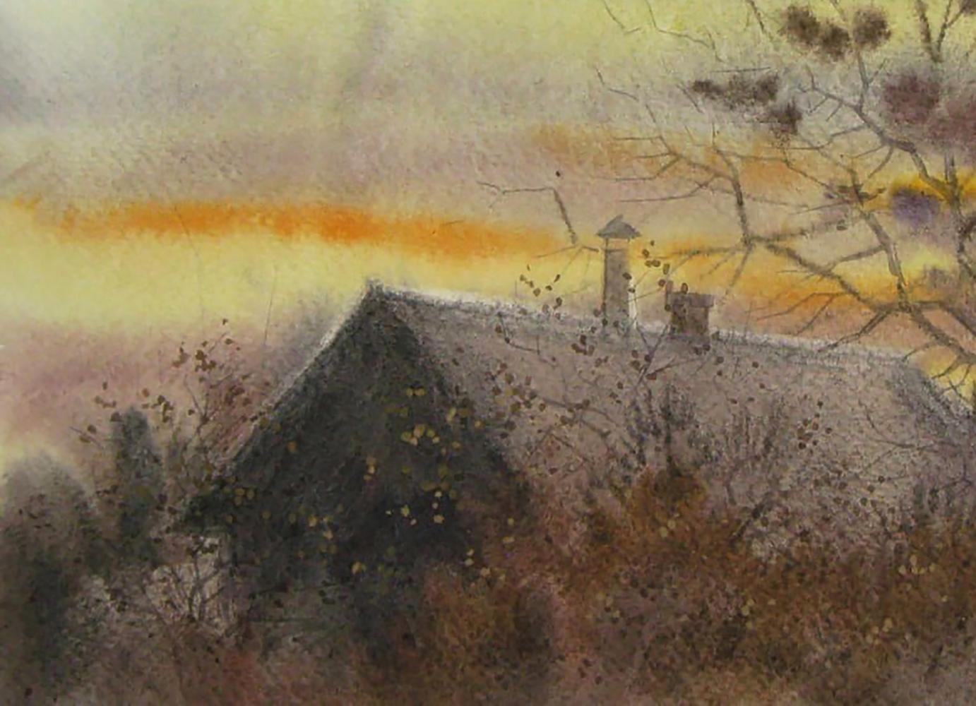 Watercolor painting of house roof with bare branches at sunset by Valery Savenets