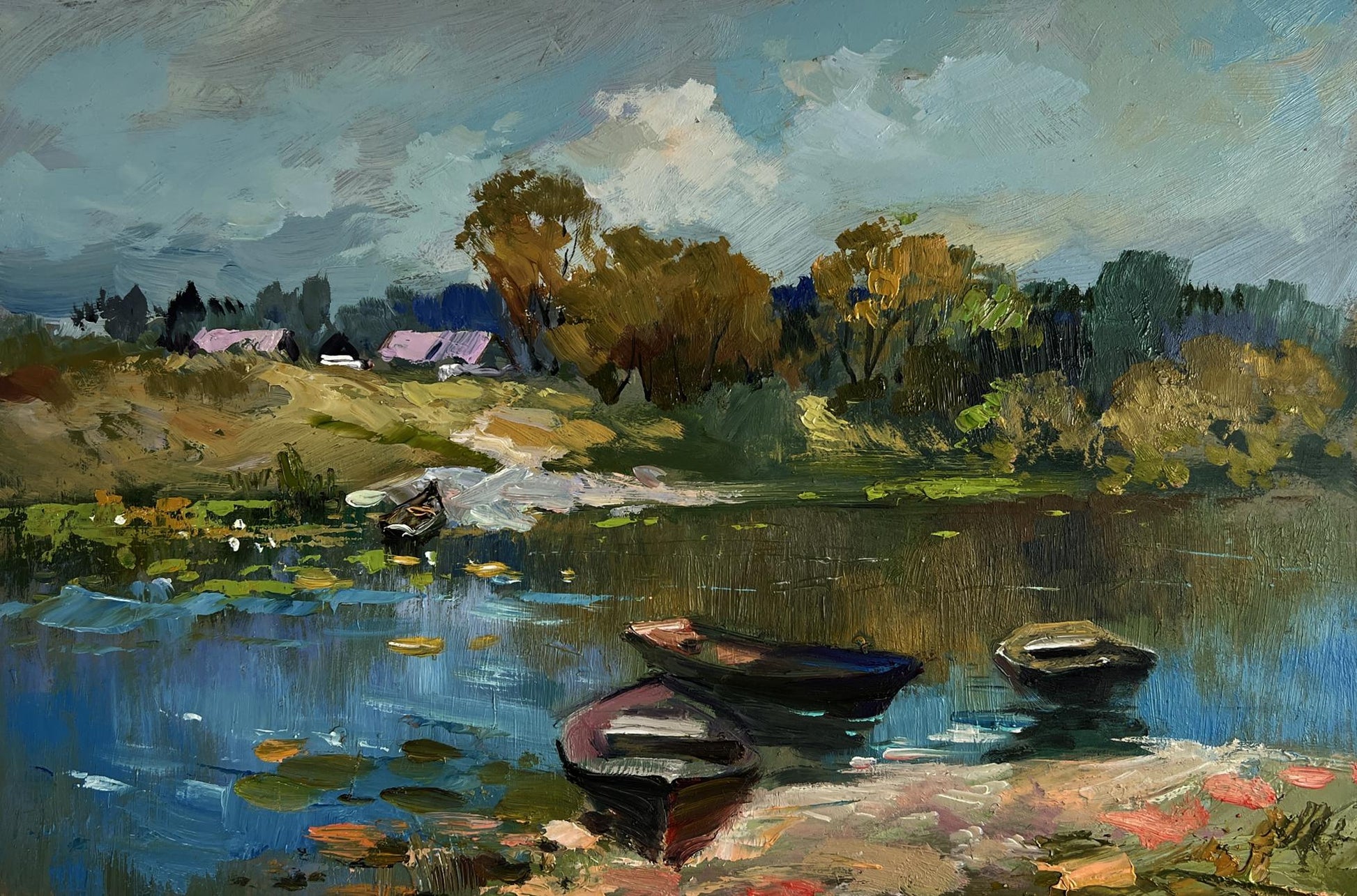 Serene impressionistic oil painting Crossing to the other bank by Yuriy Suprunchuk