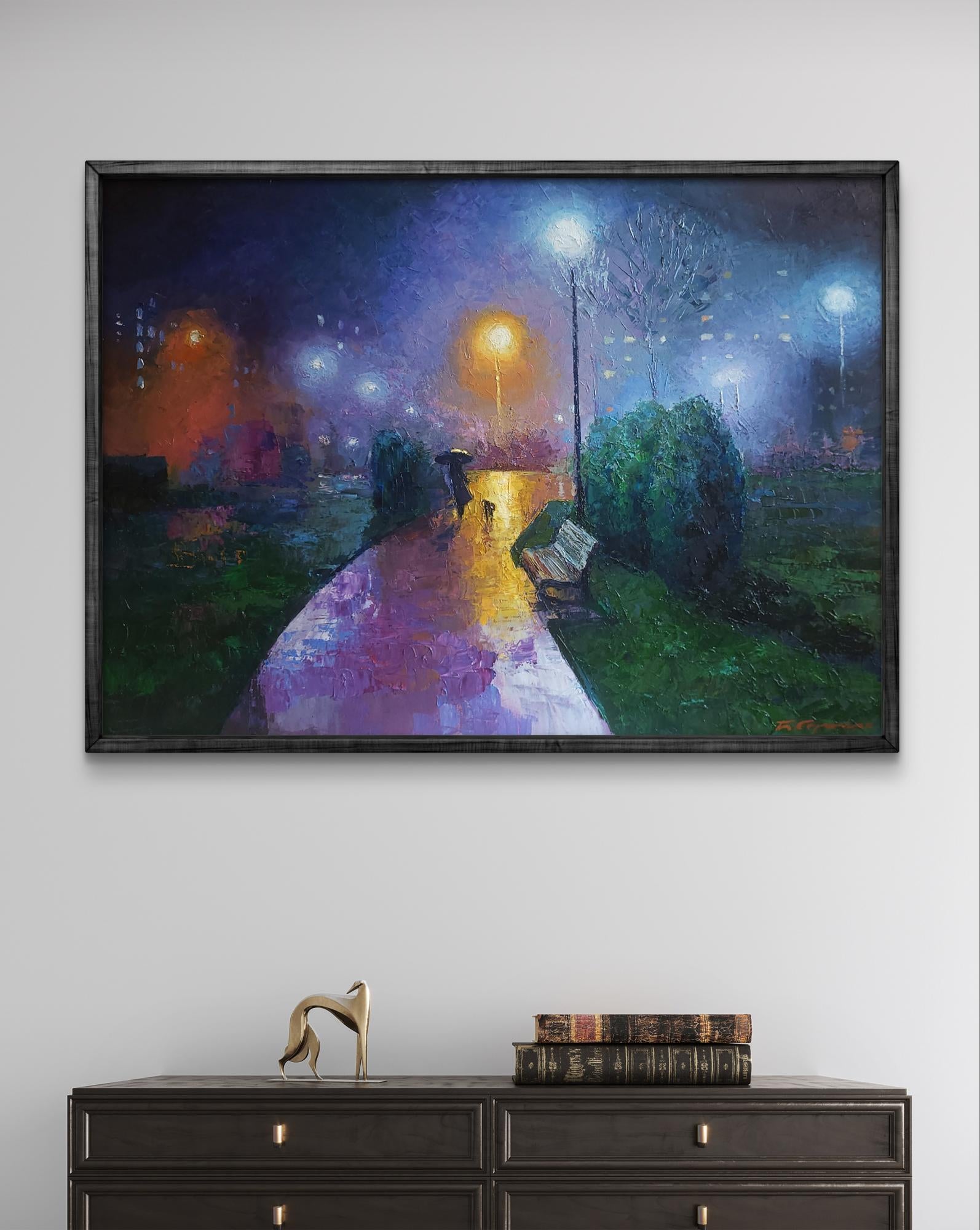 Oil painting Under the Rain by Boris Serdyuk, rainy night with glowing lights