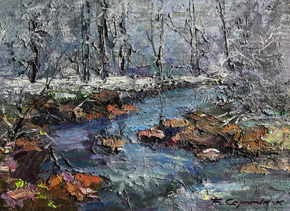 Oil painting Magical winter by Boris Serdyuk: textured winter stream