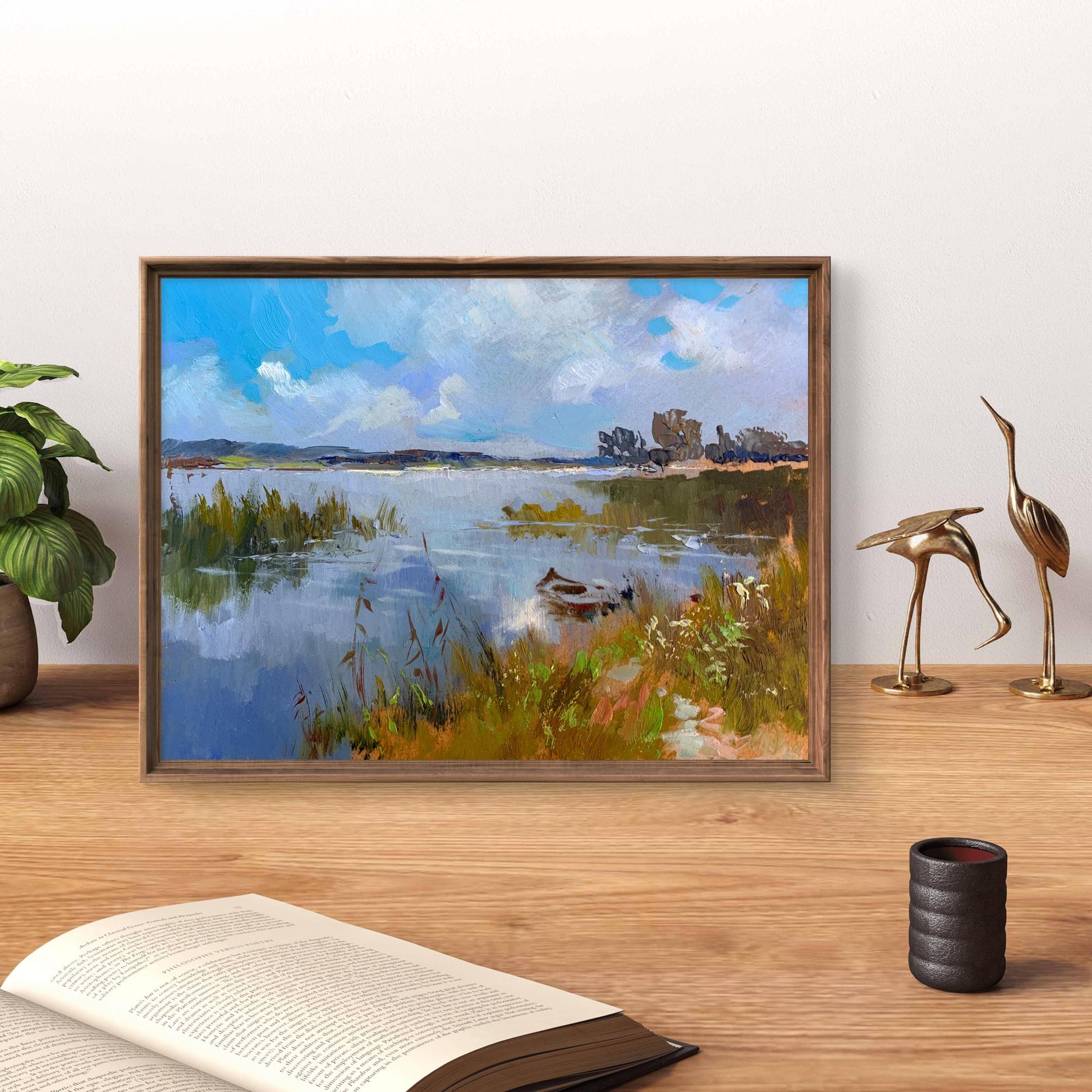 Framed impressionist oil painting by Yuriy Suprunchuk of serene lake scene