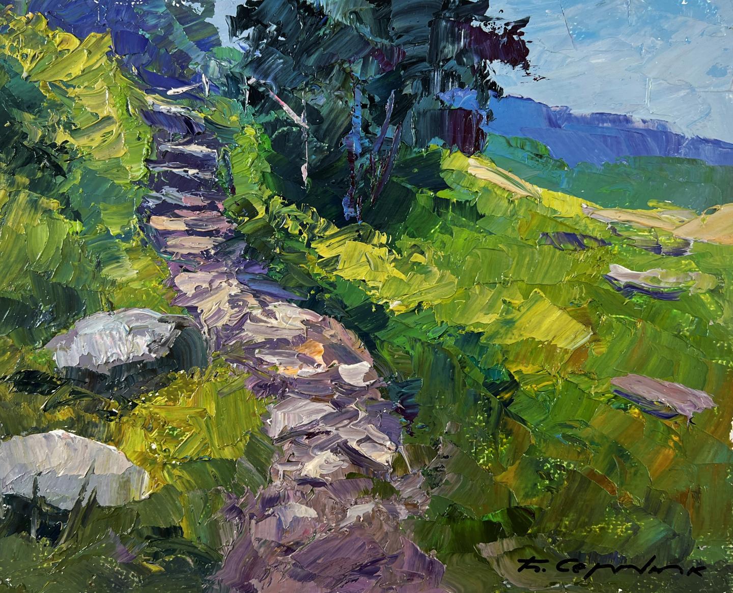 Vibrant impressionist oil painting of stone road to mountains by Boris Serdyuk