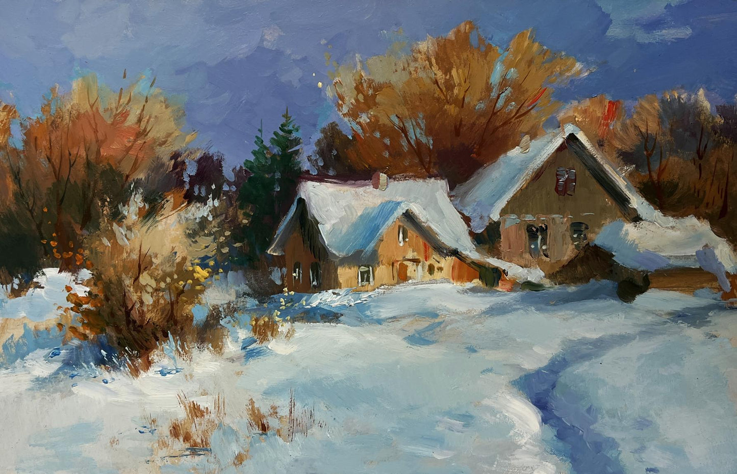 Oil painting by Yuriy Suprunchuk: snow-covered houses among autumn trees