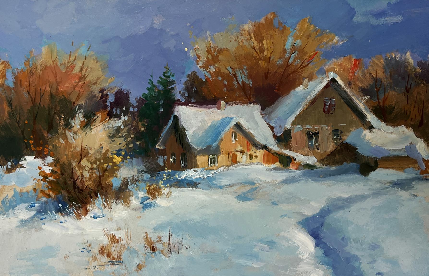 Oil painting by Yuriy Suprunchuk: snow-covered houses among autumn trees