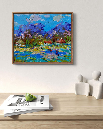 Oil painting Spring in the village by Oleksiy Ivanyuk in wooden frame