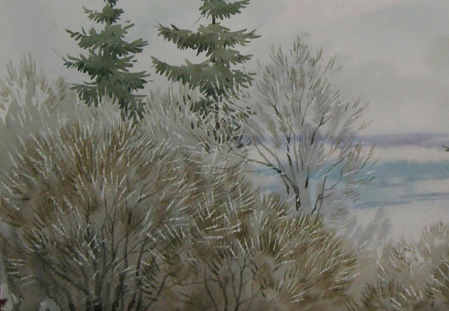 Watercolor painting of winter fog in snow-dusted forest by Valery Savenets