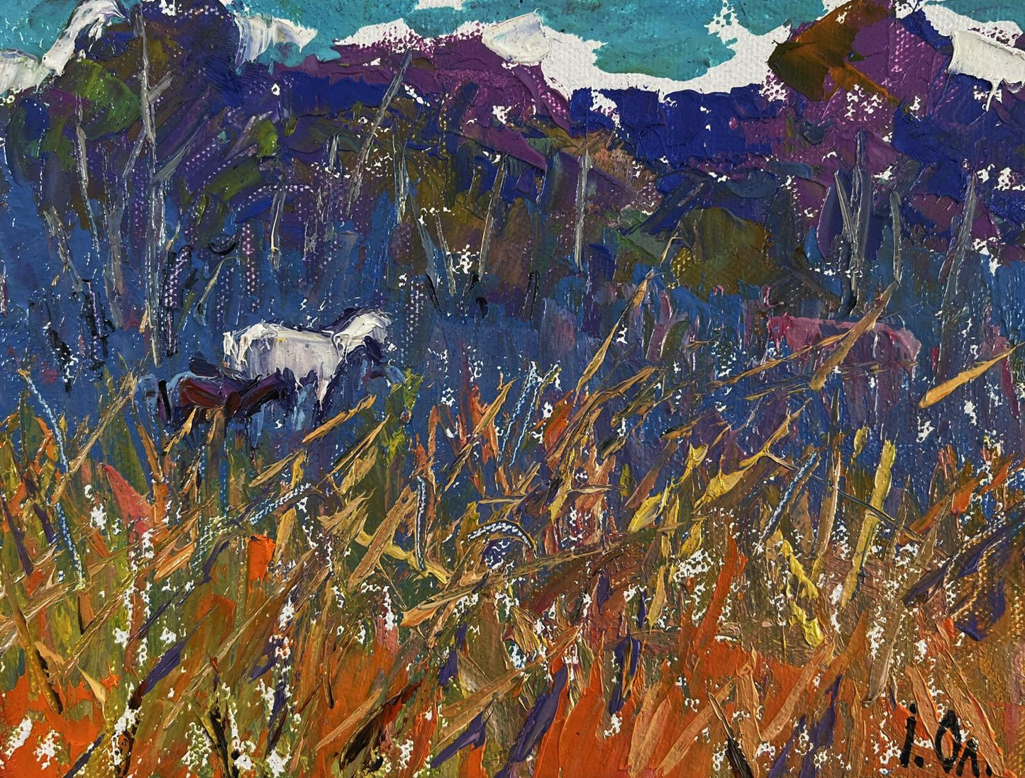 White horse in vibrant orange-yellow-blue meadow oil painting by Oleksiy Ivanyuk