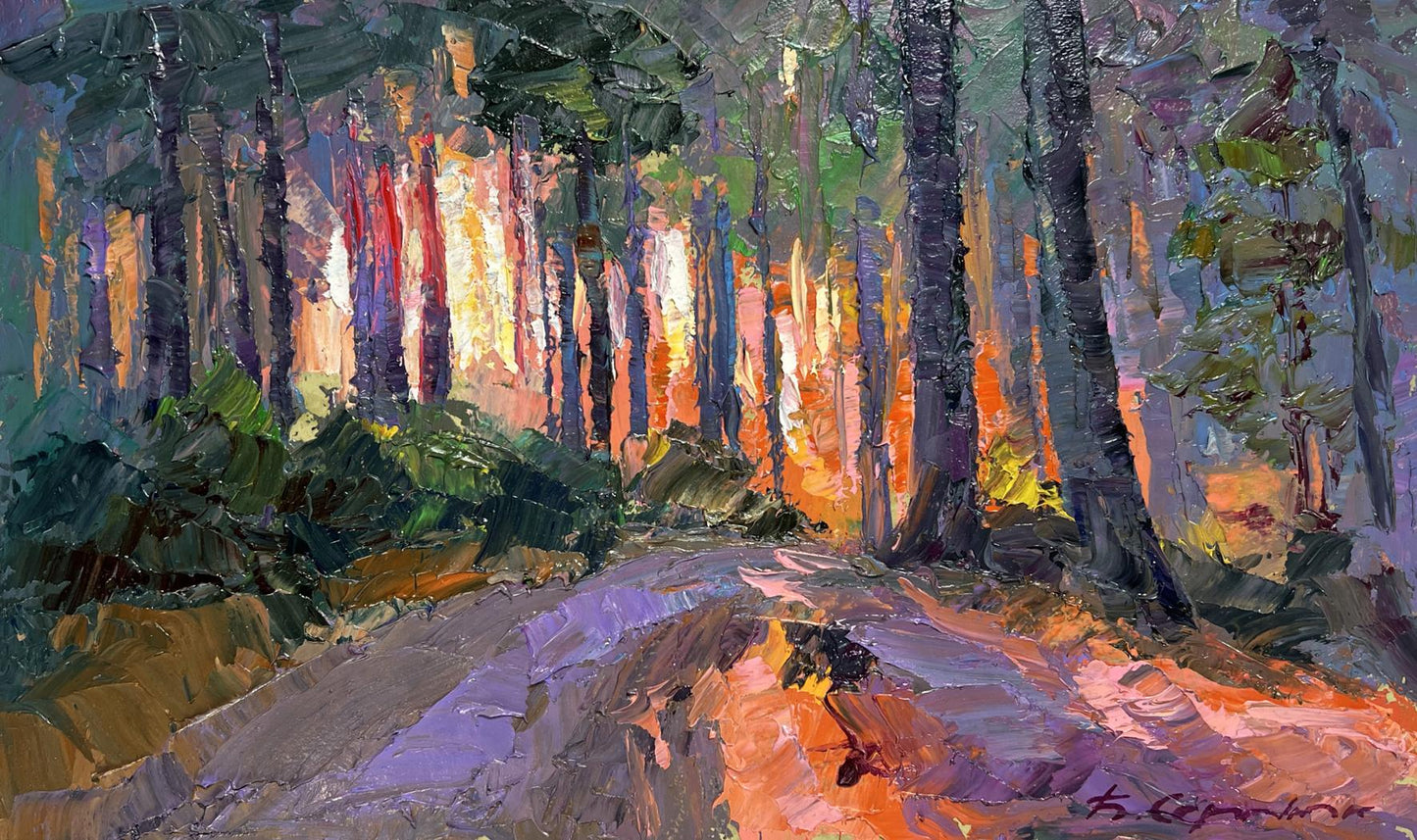 Vibrant impressionist oil painting of forest path at summer sunrise by Boris Serdyuk